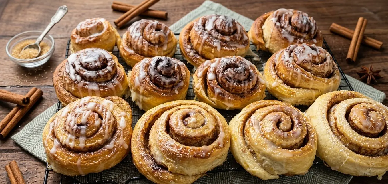 Cinnamon roll: Rolinho de canela macio com cobertura cremosa, assado no dia. Perfumado do jeito que a tarde pede.